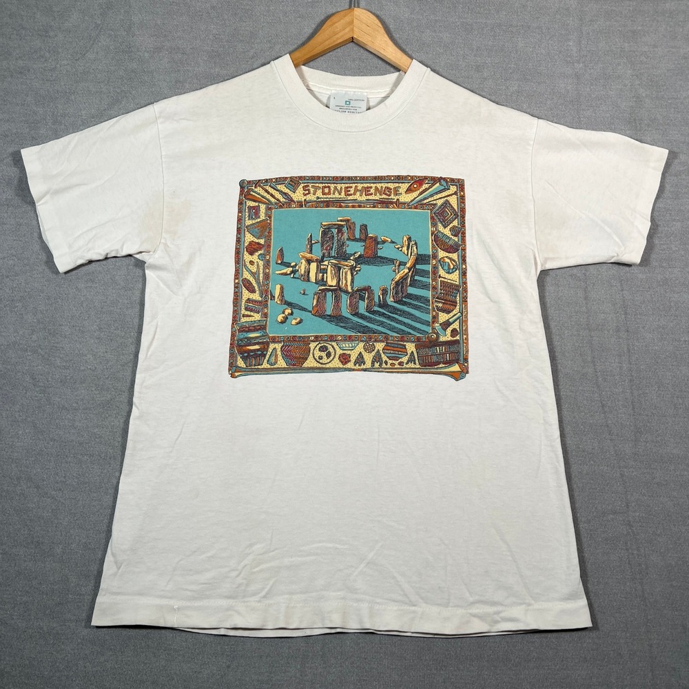 English Heritage Stonehenge Graphic Tee Crew Neck T-Shirt Mens L White Cotton